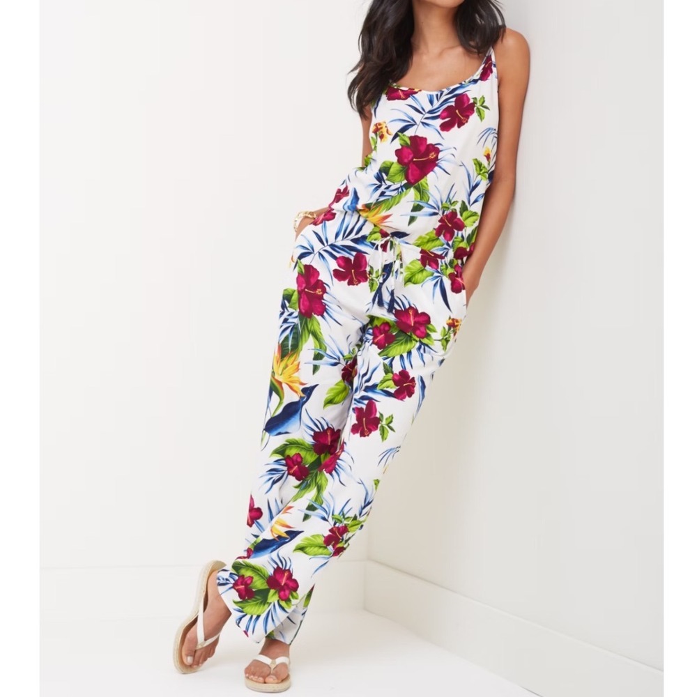Tommy Bahama Happy Hibiscus Floral Jumpsuit White Tropical Women's Size XS